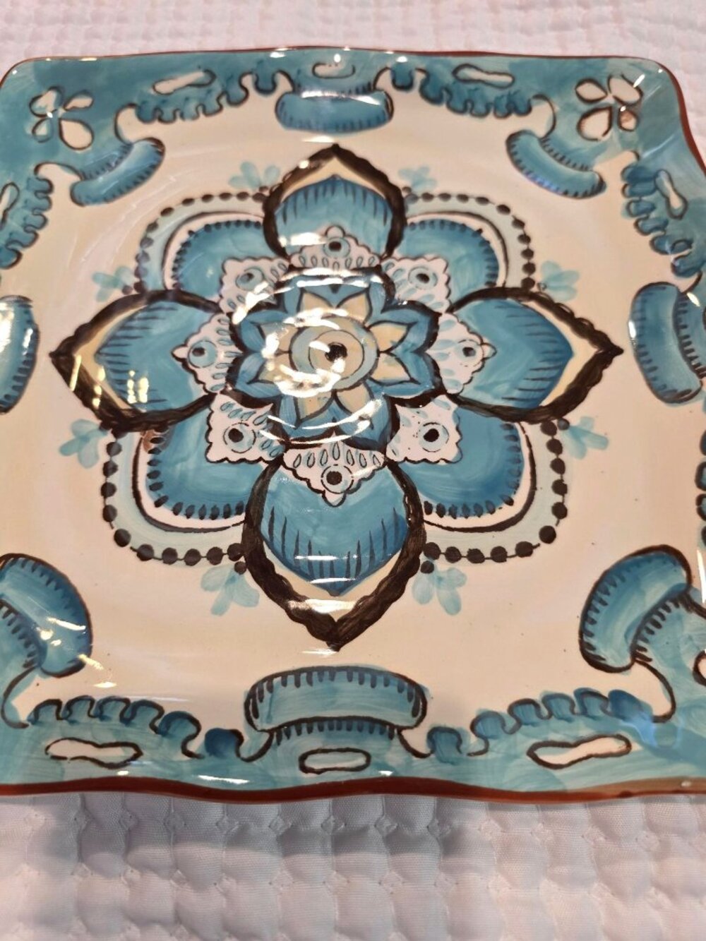 Set/2 Italian Blue & Green Ceramic Square Plates Hand-Painted Floral 8.5 x 8.5" - Picture 3 of 11